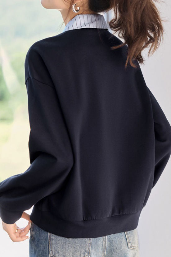 Color Block Faux Two-Piece Collared Sweatshirt - liwisi