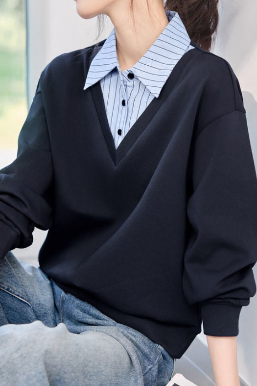 Color Block Faux Two-Piece Collared Sweatshirt - liwisi