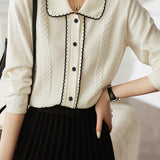 Black and White Color Block Polo Neck Knit Top - liwisi