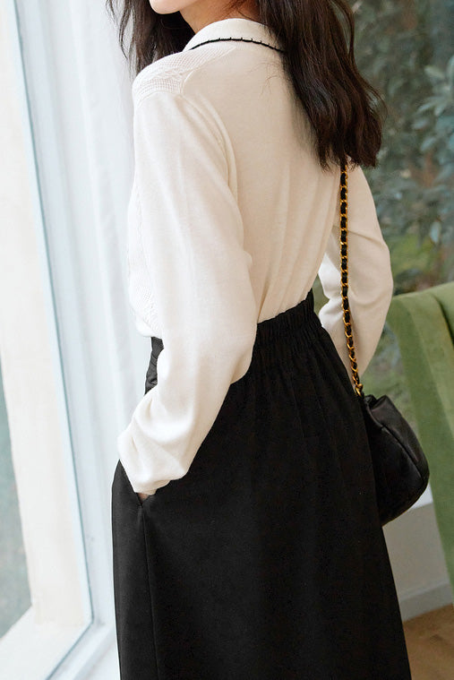 Black and White Color Block Polo Neck Knit Top - liwisi