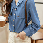 Casual Commuter Tencel Denim Collared Puff Sleeve Shirt - liwisi