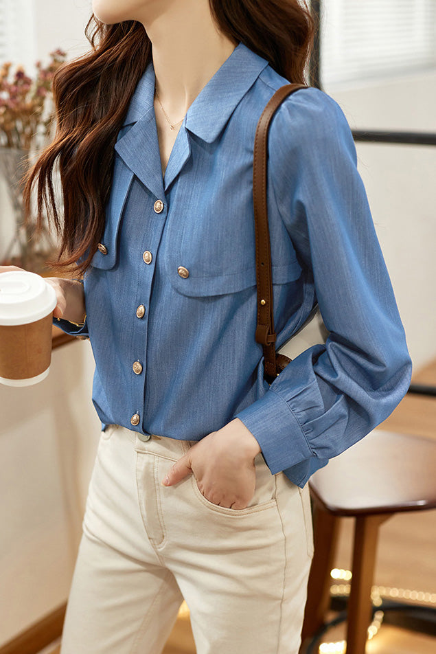 Casual Commuter Tencel Denim Collared Puff Sleeve Shirt - liwisi