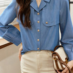 Casual Commuter Tencel Denim Collared Puff Sleeve Shirt - liwisi