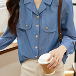 Casual Commuter Tencel Denim Collared Puff Sleeve Shirt - liwisi