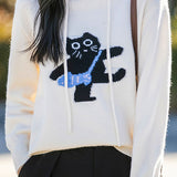 Minimalist Hooded Knit Sweatshirt with Cat Pattern