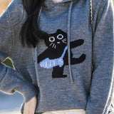 Minimalist Hooded Knit Sweatshirt with Cat Pattern