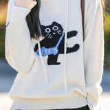 Minimalist Hooded Knit Sweatshirt with Cat Pattern