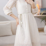 Elegant Hollow Embroidered Waist-Defined A-Line Dress