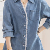 Casual Patchwork Lace Trim Denim Shirt