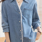 Casual Patchwork Lace Trim Denim Shirt