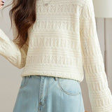 Casual Round Neck Jacquard Hollow Knit Top