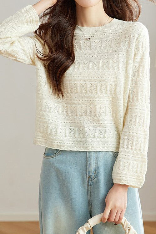Casual Round Neck Jacquard Hollow Knit Top - liwisi