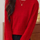 Casual Round Neck Jacquard Hollow Knit Top