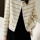 Elegant Stylish Color Block Fine Striped Long Sleeve Coat