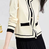 Elegant Loose Color-Blocked Single-Row Button Long-Sleeve Knit Cardigan