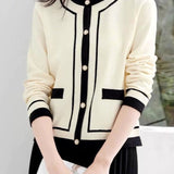Elegant Loose Color-Blocked Single-Row Button Long-Sleeve Knit Cardigan