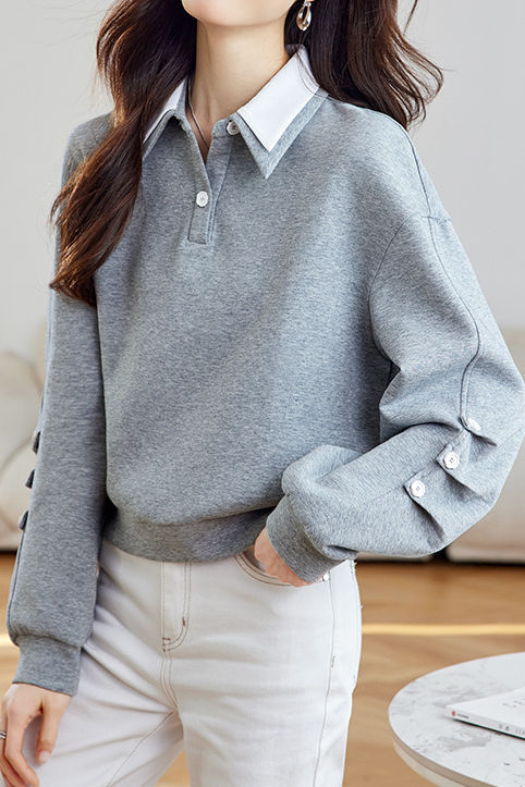 Casual Double-Layer Polo Collar Pleated Loose Long-Sleeve Hoodie - liwisi