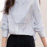 Elegant Office Stand-Collar Long-Sleeve Striped Paneled Blouse - liwisi