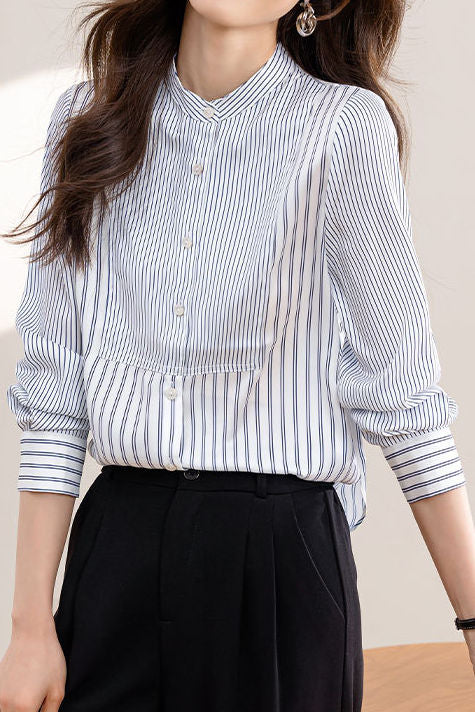 Elegant Office Stand-Collar Long-Sleeve Striped Paneled Blouse - liwisi