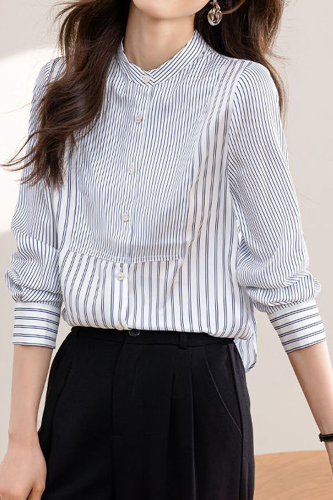 Elegant Office Stand-Collar Long-Sleeve Striped Paneled Blouse - liwisi