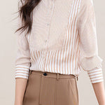 Elegant Office Stand-Collar Long-Sleeve Striped Paneled Blouse - liwisi