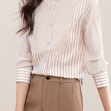 Elegant Office Stand-Collar Long-Sleeve Striped Paneled Blouse - liwisi
