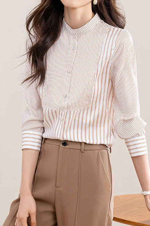 Elegant Office Stand-Collar Long-Sleeve Striped Paneled Blouse - liwisi