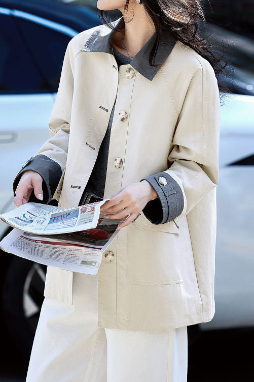 Casual Minimalist Color-Blocked Lapel Single-Row Button Mid-Length Trench Coat - liwisi