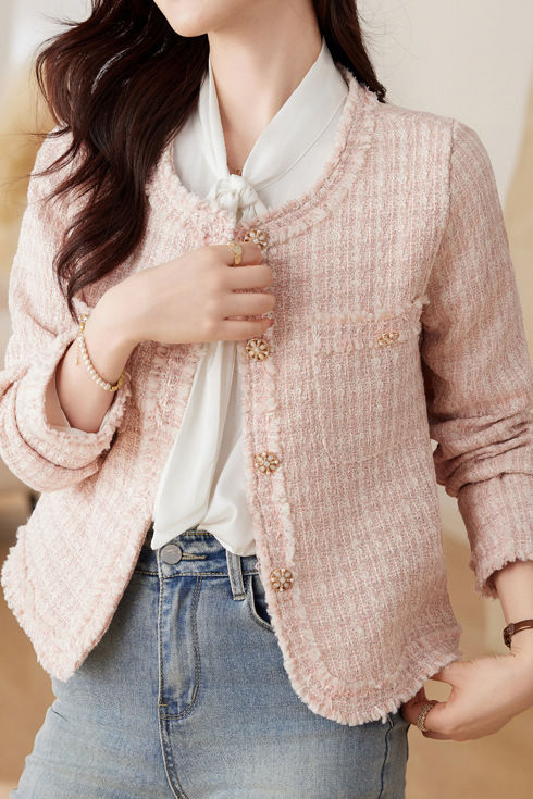 Elegant Tweed Short-Length Frayed Long-Sleeve Jacket - liwisi