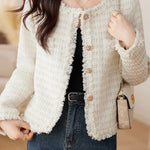 Elegant Tweed Short-Length Frayed Long-Sleeve Jacket - liwisi