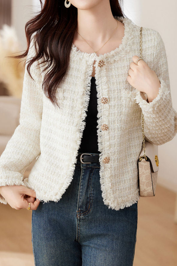 Elegant Tweed Short-Length Frayed Long-Sleeve Jacket - liwisi