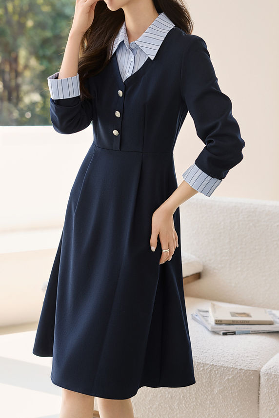 Casual Office Fake Two-Piece Paneled A-Line Shirt Dress - liwisi