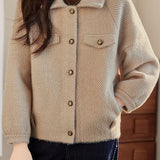 Casual Loose Collared Short Plush Warm Knit Jacket