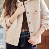 Casual Loose Collared Short Plush Warm Knit Jacket