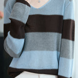 Casual Loose Color-Blocked Striped Hollow Knit Top