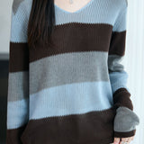 Casual Loose Color-Blocked Striped Hollow Knit Top