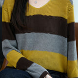 Casual Loose Color-Blocked Striped Hollow Knit Top