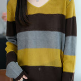 Casual Loose Color-Blocked Striped Hollow Knit Top