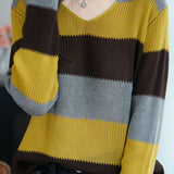 Casual Loose Color-Blocked Striped Hollow Knit Top
