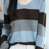 Casual Loose Color-Blocked Striped Hollow Knit Top