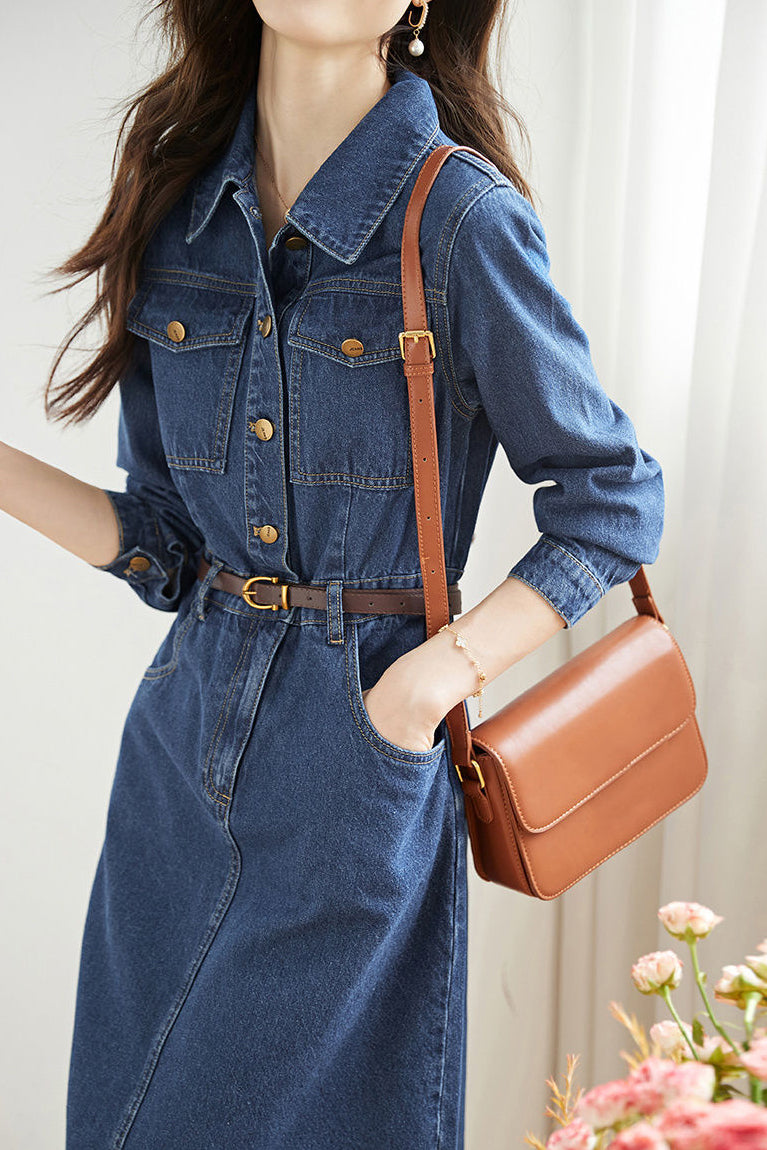 Casual Collared Waist-Defined Denim Dress - liwisi