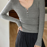 Casual Versatile Solid Color Button Half Placket Knit T-Shirt