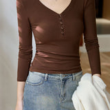 Casual Versatile Solid Color Button Half Placket Knit T-Shirt