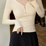 Casual Versatile Solid Color Button Half Placket Knit T-Shirt