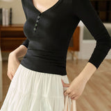 Casual Versatile Solid Color Button Half Placket Knit T-Shirt