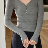 Casual Versatile Solid Color Button Half Placket Knit T-Shirt