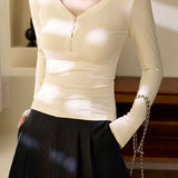 Casual Versatile Solid Color Button Half Placket Knit T-Shirt