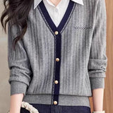 Office Casual Fake Two-Piece Shirt-Collar Knit Top