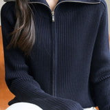 Casual Office Double-Zip Lapel Knit Jacket