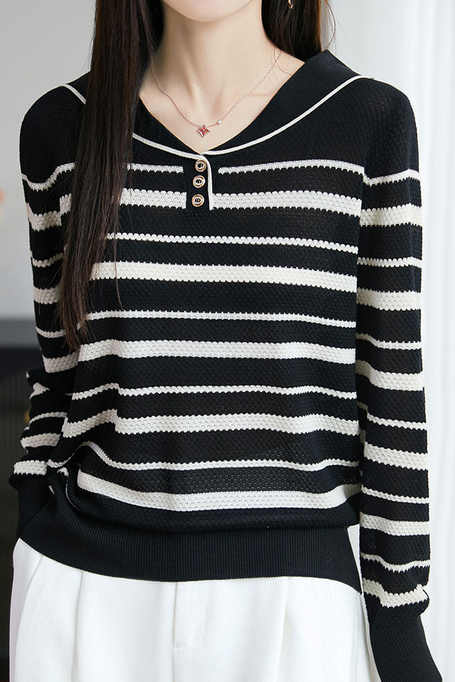 Casual Color-Blocked Versatile Striped Knit Top - liwisi
